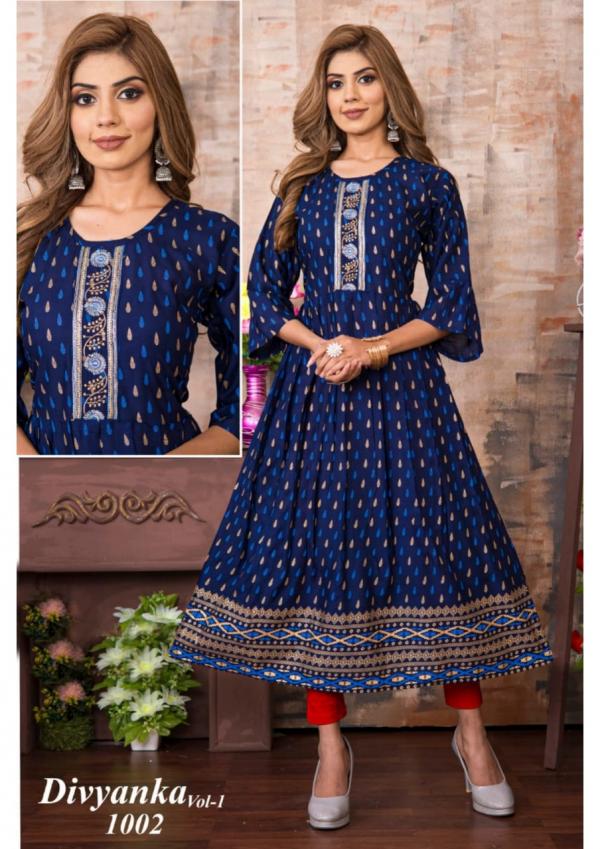 Divyanka 1 Rayon Fancy Long Anarkali Kurti Collection